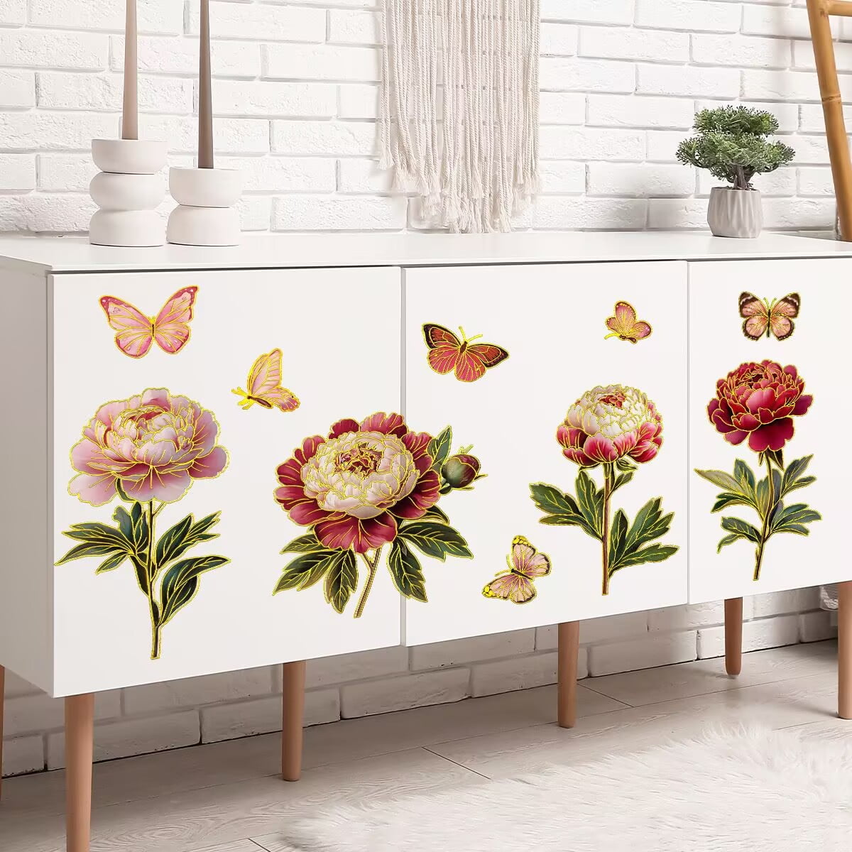 Red Peony Rose Flower Wall Stickers, Romantic Watercolor Floral Art DIY Botanical Wall Decals Removable Vinyl Peel and Stick for Living Room Kids Baby Bedroom Nursery Home Decorations