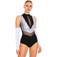 thumbnail image 5 of iiniim Women Sparkle Latin Jazz Dance Outfit Sleeveless Gymnastics Leotard with Gloves Sequins Dance Clothes Silver S, 5 of 7