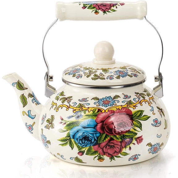 Cnshop 2.5L Floral Enamel Tea Kettle, Stovetop Safe Teapot for Gas/Oven, No Whistling