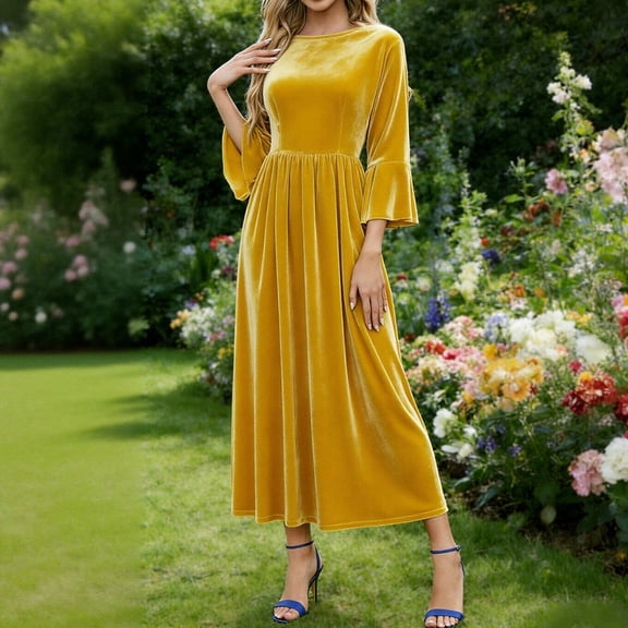 Women's Velvet Long Sleeve Sweater Dress Casual Crew Neck Tunic Dresses Fall Trendy Outfits Yellow XL
