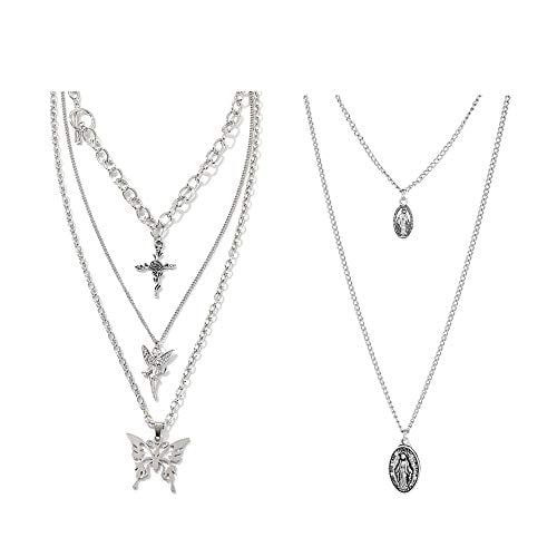 2 Pcs Layered Chain Necklace Sets Butterfly Lock Chains Necklace Angel Coin  Layered Choker Emo Aesthetic Chunky Chains Gothic Adjustable Layering Chain  Cuba Chain Link Jewelry for Eboy Egirl