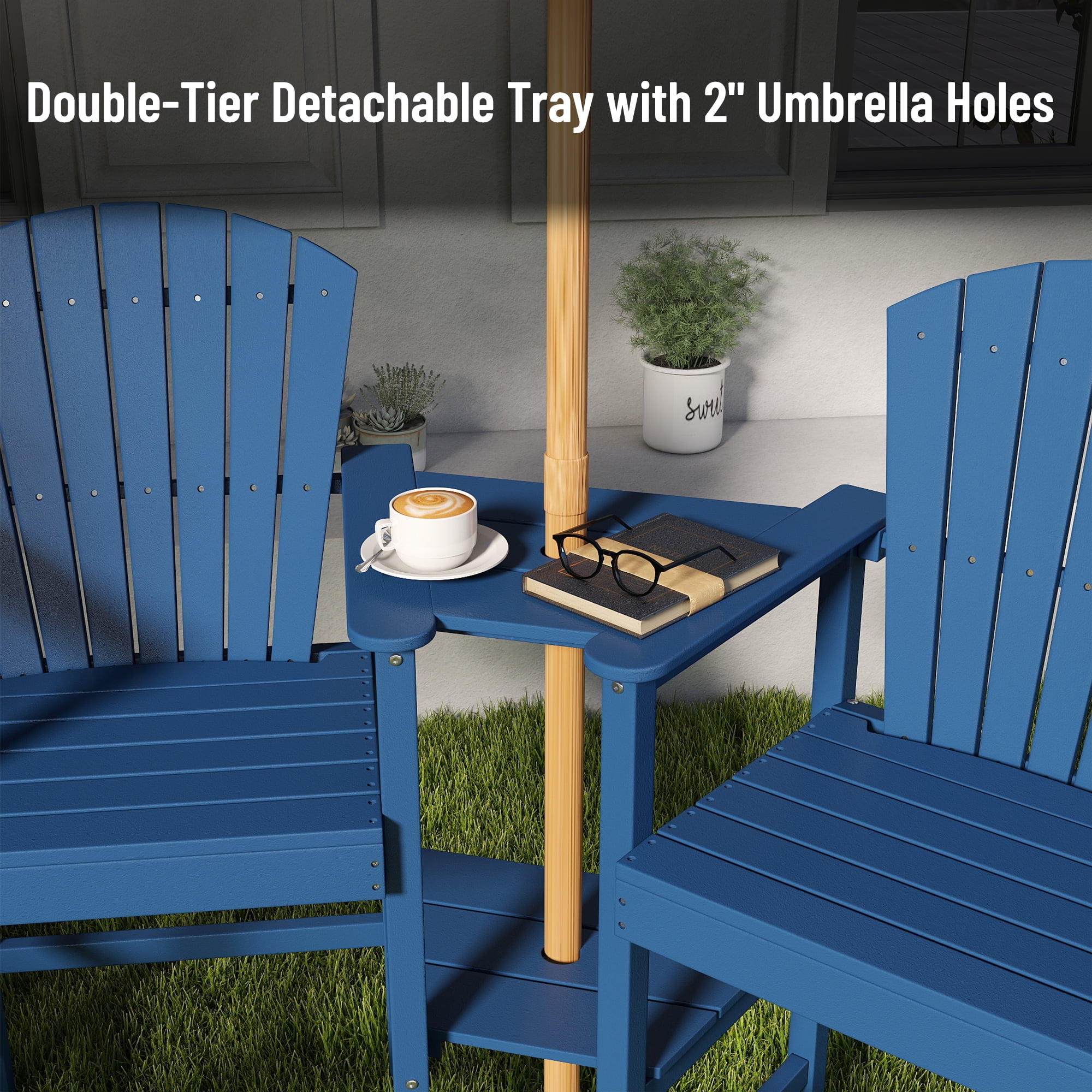 FOOWIN Tall Adirondack Chair Set of 2, HDPE All-Weather Adirondack Bar Stools with Connecting Tray, Blue