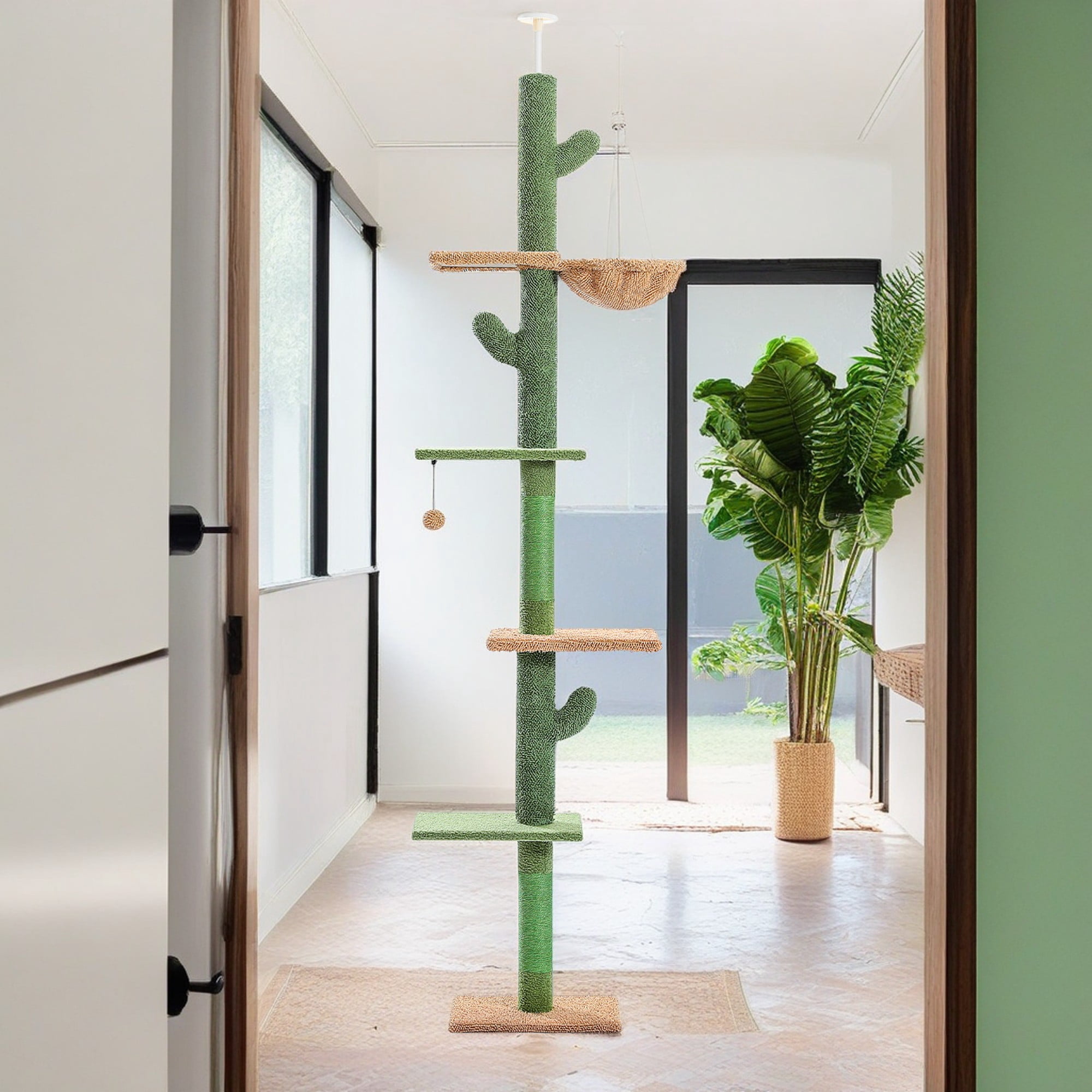 Pefilos 95"-108" Adjustable Height Cactus Cat Tree for Indoor Cats, Modern Floor to Ceiling Cat Tower, 5 Level Cat Climbing Tree, Green