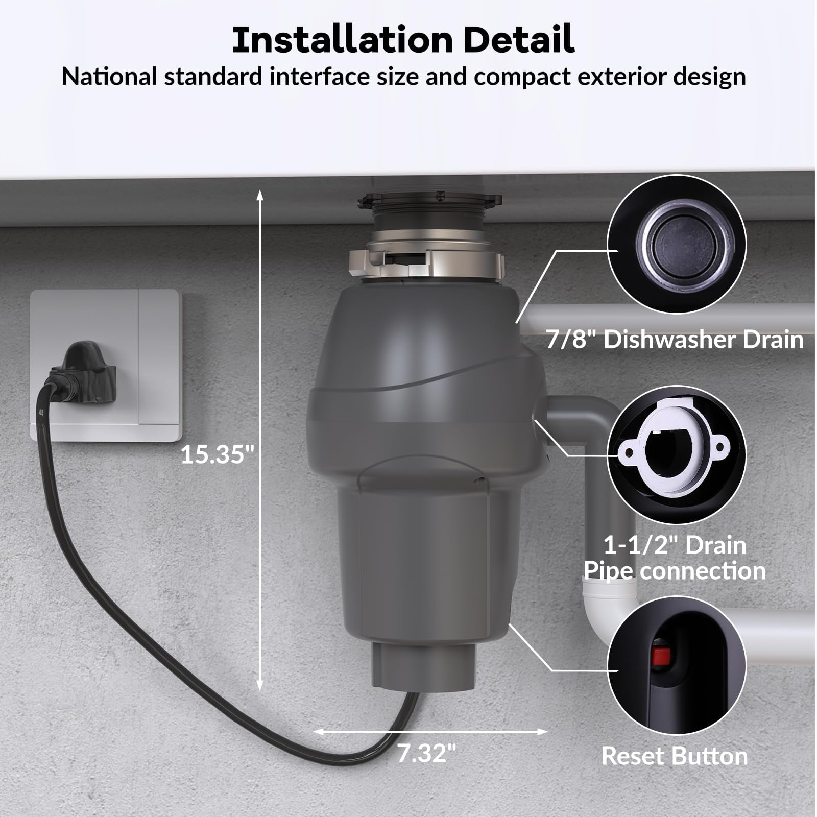 Garbage Disposal, Food Garbage Disposal with Power Cord, Stainless Steel Grinding System, Continuous Feed Compact Garbage Disposals (1/2 HP (Gray))