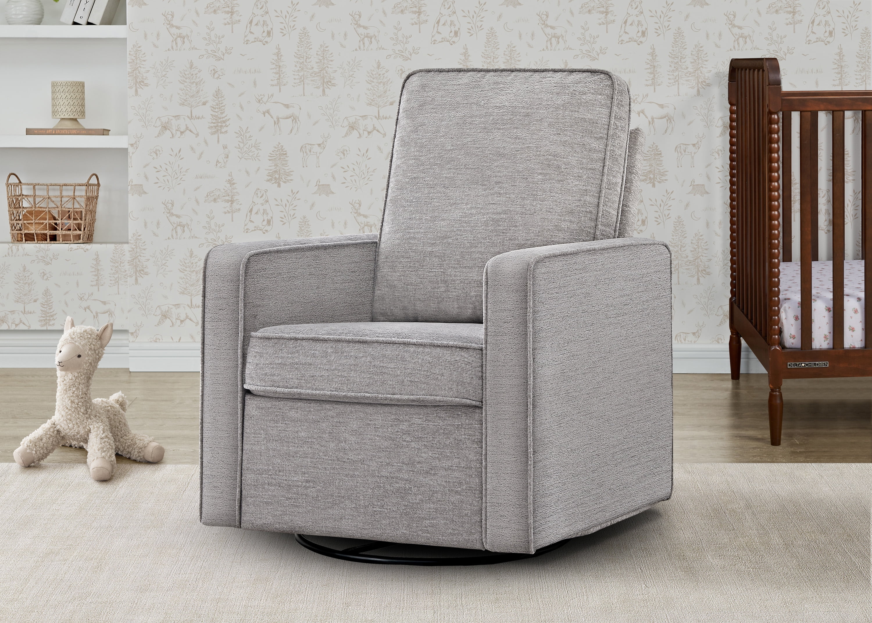 Delta Children Noah Upholstered Swivel Glider with Stain-Resistant Performance Fabric- Greenguard Gold Certified, Frost Grey