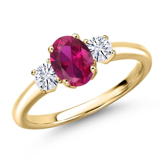 Gem Stone King 10K Yellow Gold Red Created Ruby and White Moissanite Engagement Ring for Women | 1.17 Cttw | Oval 7X5MM | Gemstone July Birthstone | Size 6