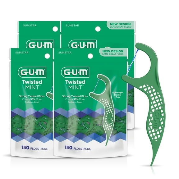 GUM Twisted Mint Floss Picks - Twisted Threads, Shred-Resistant Floss, Easy Grip Handle, 150 Count. (Pack of 4)