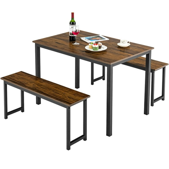 Topbuy 3pcs Dining Table Set for 4 Modern Industrial Counter Height Kitchen Table Set with 2 Benches for Dining Room Brown