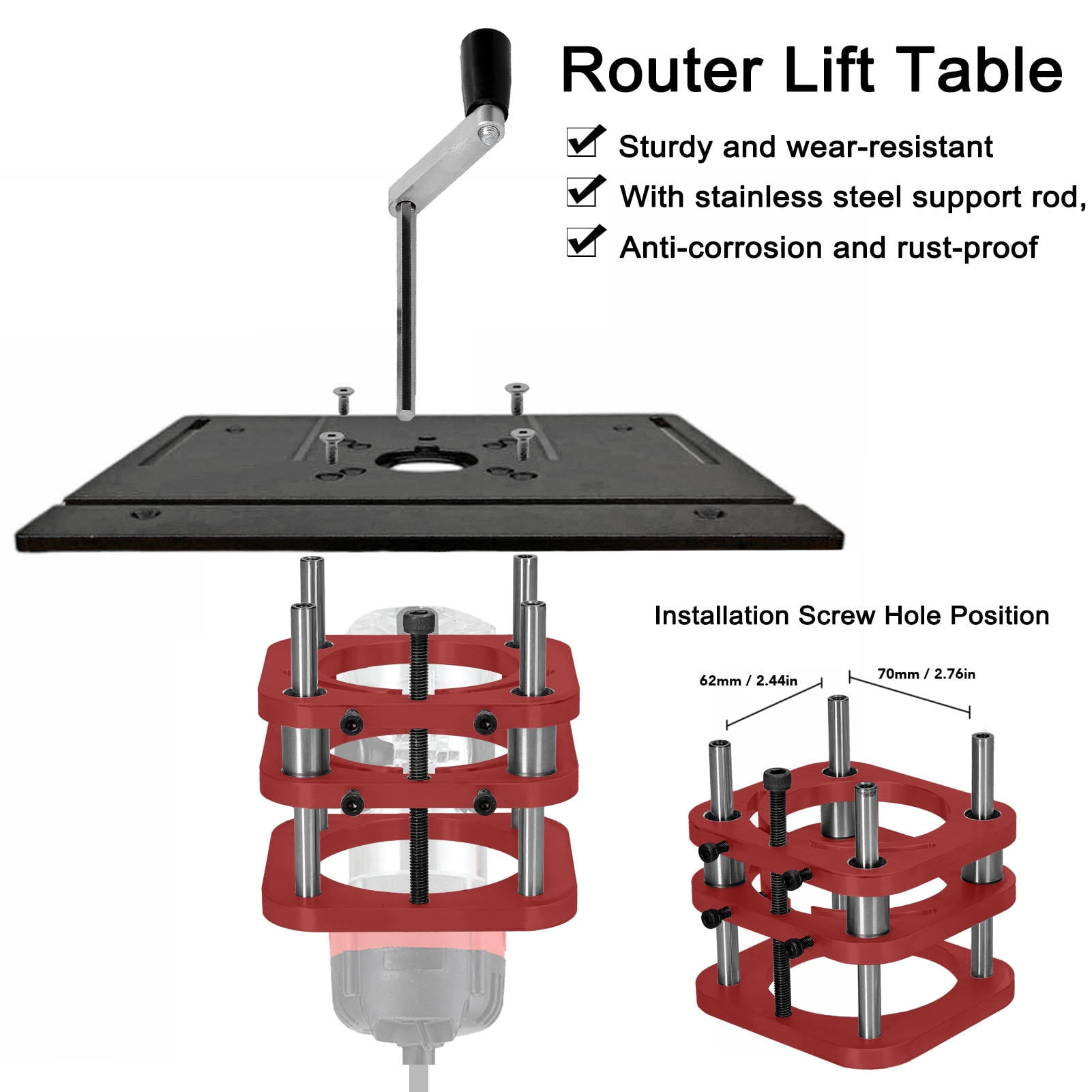 Yajisi 51mm Manual Lifting Router Table Base – Universal 64‑66mm Motor, 2″ Stroke, Aluminum Alloy, Easy Install