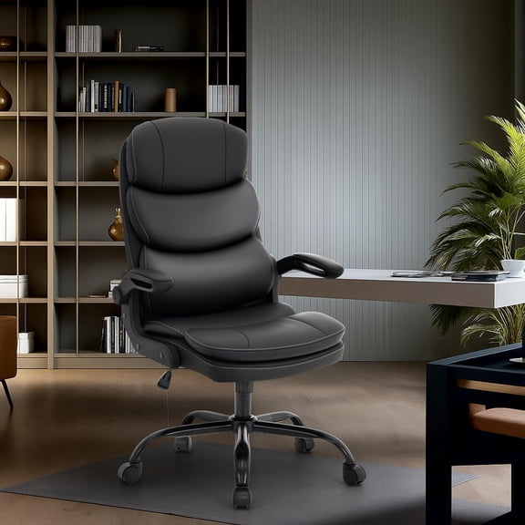 Ergonomic Office Chair High Back with Lumbar Support, PU Leather Desk Chair, Adjustable Height & Flip-Up Armrests, Swivel Rolling Wheels for Home Office, Computer Gaming Chair (Black)