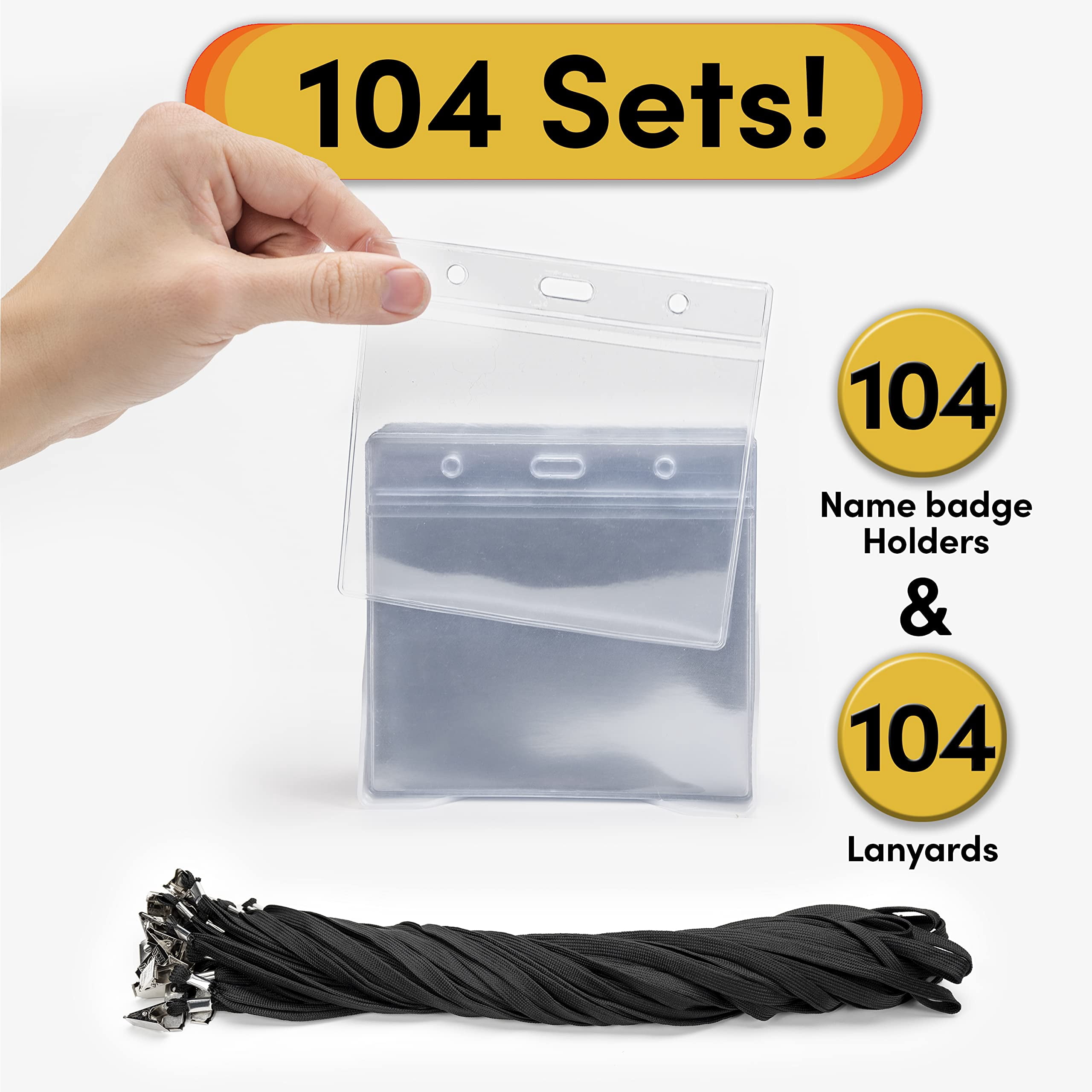 104 & 52 Qty Sets Badge Holders With Lanyards Name Tag And 3x4 Size Quick Load No Zipper Id Holder Clear Plastic (104)