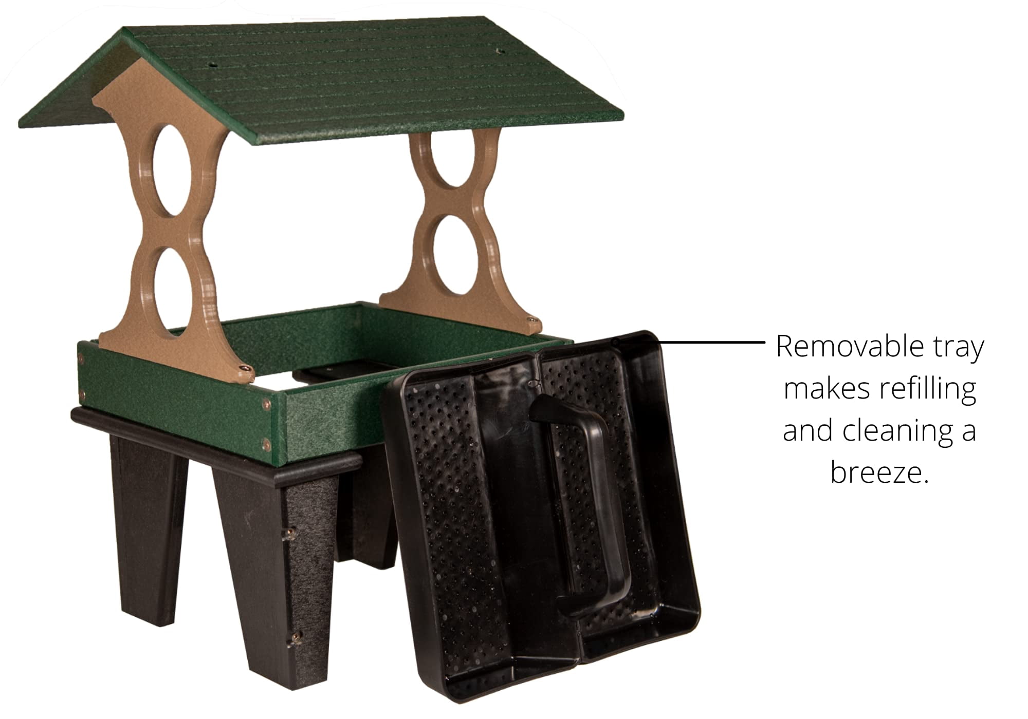 JCs Wildlife Medium Ground Fly Thru Bird Feeder - Holds 4 Cups of Bird Seed - Removable Tray - Covered Platform - Green and Tan