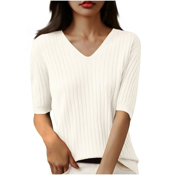 JGGSPWM Women's V Neck 3/4 Sleeve Ribbed Knit Top Solid Color Five Point Casual Shirt Beige L