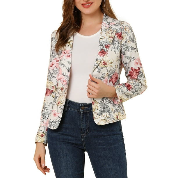 BLAZER AJUSTADO PARA MUJER INSPIRADO CHIC DEL DÍA DE LAS MADRES CON SOLAPA EN V Y ESTAMPADO, CHAQUETA DE TRAJE ABIERTO PARA TRABAJO TALLA 3XL BEIGE-FLORAL