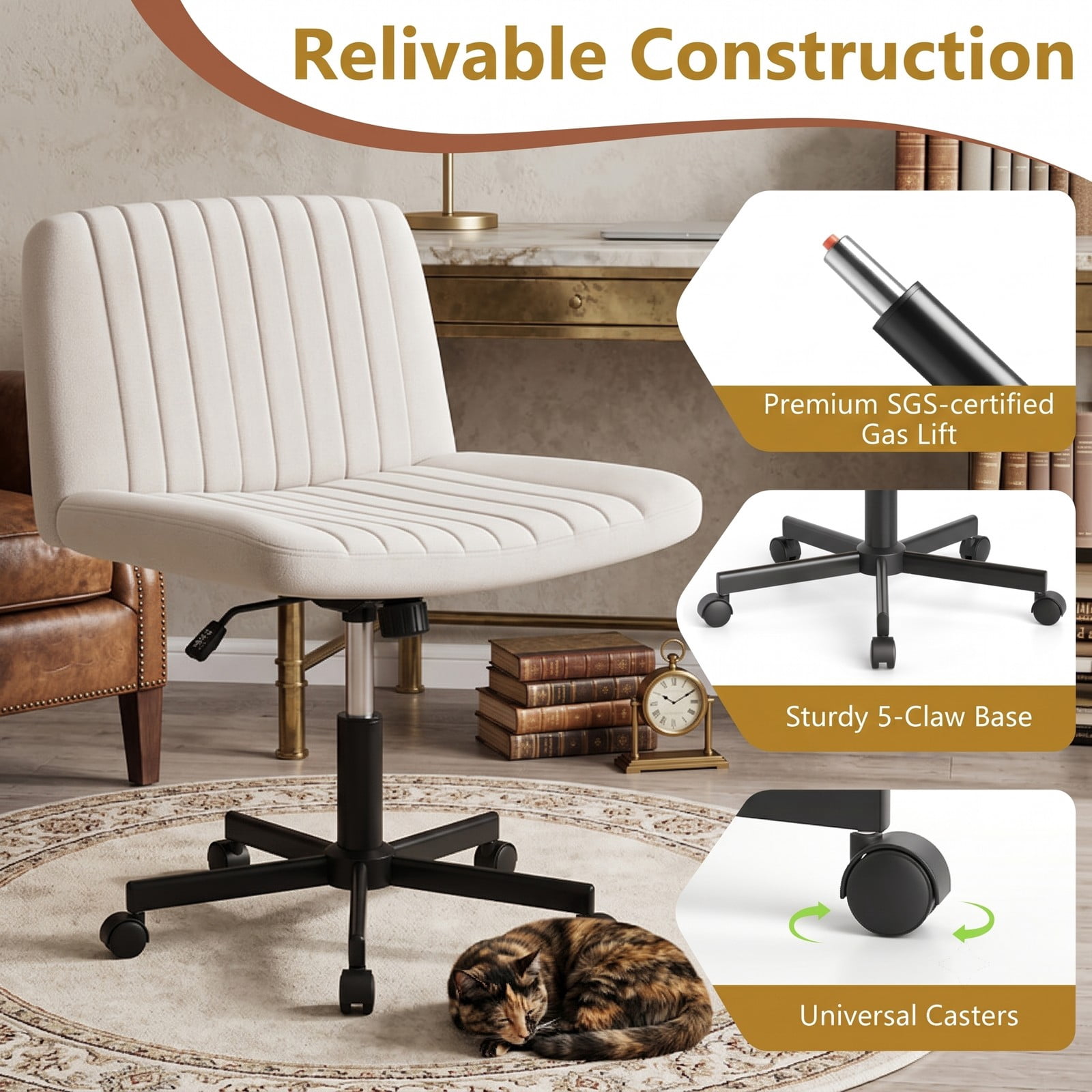 Furnibear Criss Cross Desk Chair with Wheels, Cross-Legged Swivel Home Office Task Chair, Height Adjustable Armless Rolling Computer Chair with Padded Wide, Beige