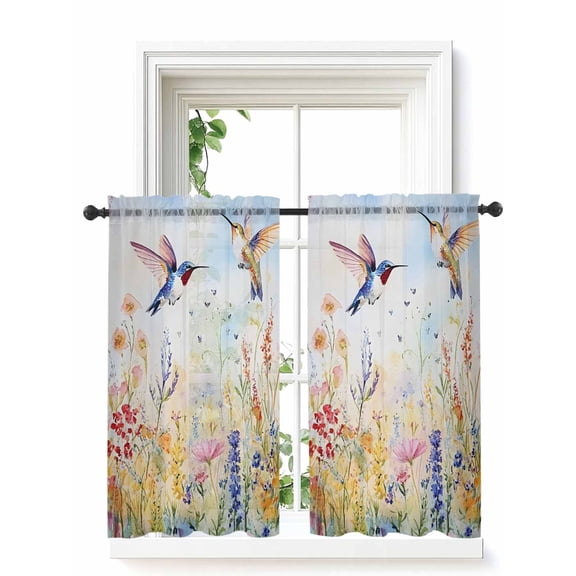 Spring Hummingbird Floral Curtains 45 Inch Length, Sheer Curtains for Bedroom Living Room Window Farmhouse Flower Botanical Rod Pocket Voile Drapes Kitchen Curtains Small Half Window 42"x45" 2 Panels