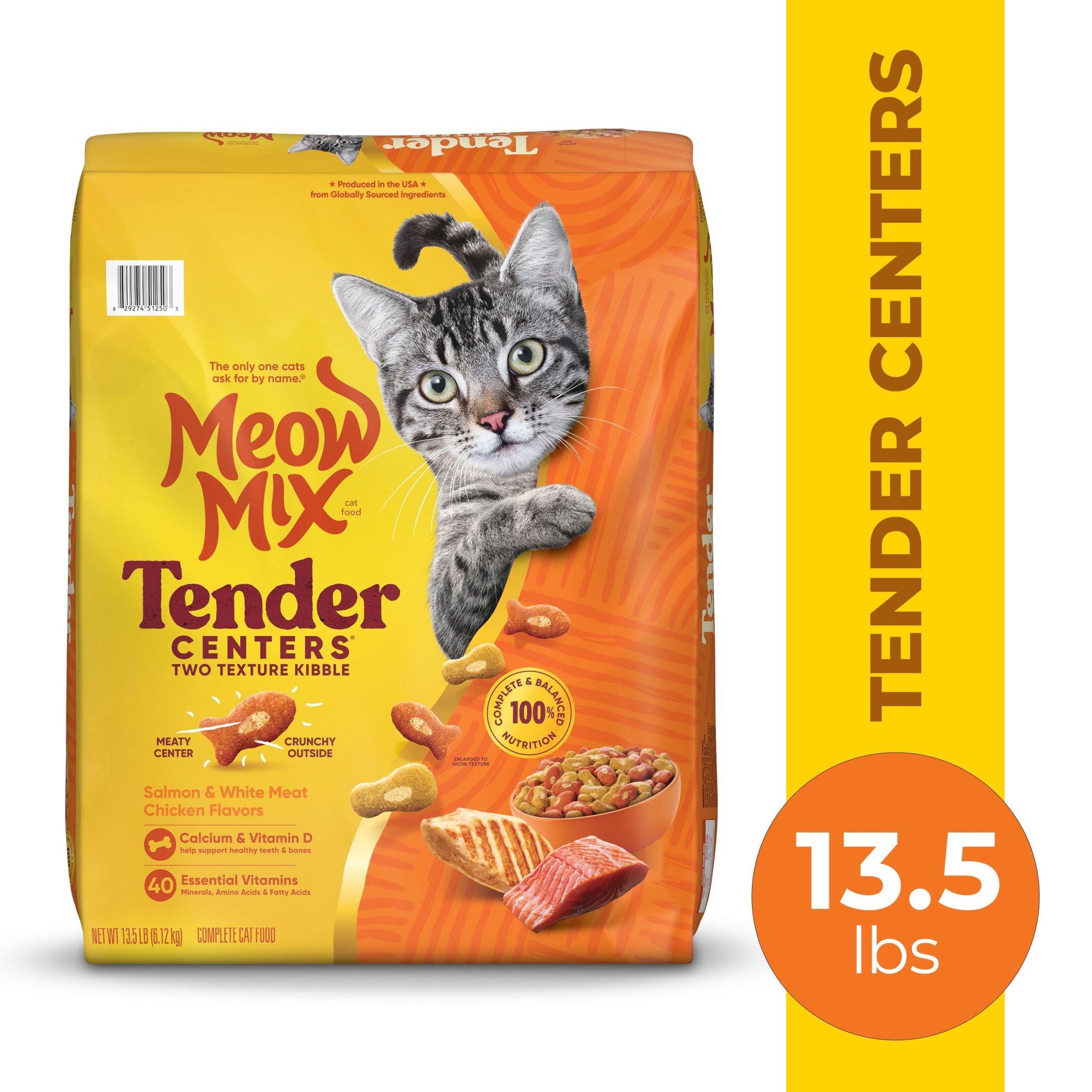 (4 pack) Meow Mix Tender Centers, Salmon & White Meat Chicken Flavors, Dry Cat Food, 13.5 lb. Bag