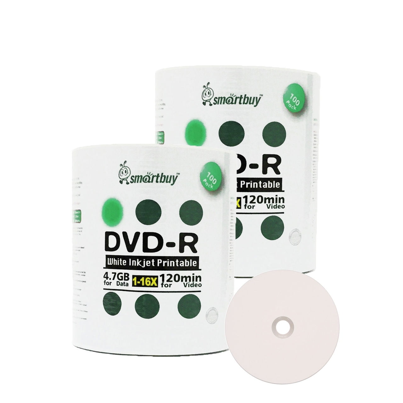 200 Pack Smartbuy 16X DVD-R 4.7GB 120Min White Inkjet Hub Printable ...