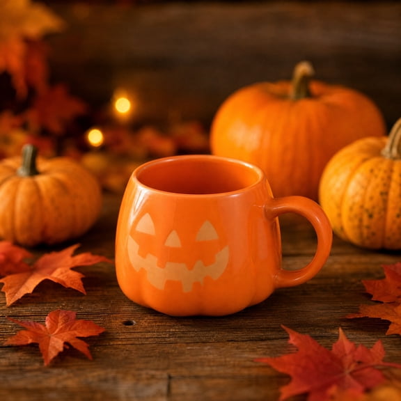 Halloween Pumpkin Ceramic Mug, Pumpkin Shaped Coffee Cup with Classic Jack O Lantern Face, Orange Ceramic Drinking Cup for Cocoa Coffee Milk Water, Fall Thanksgiving Party Home Decor