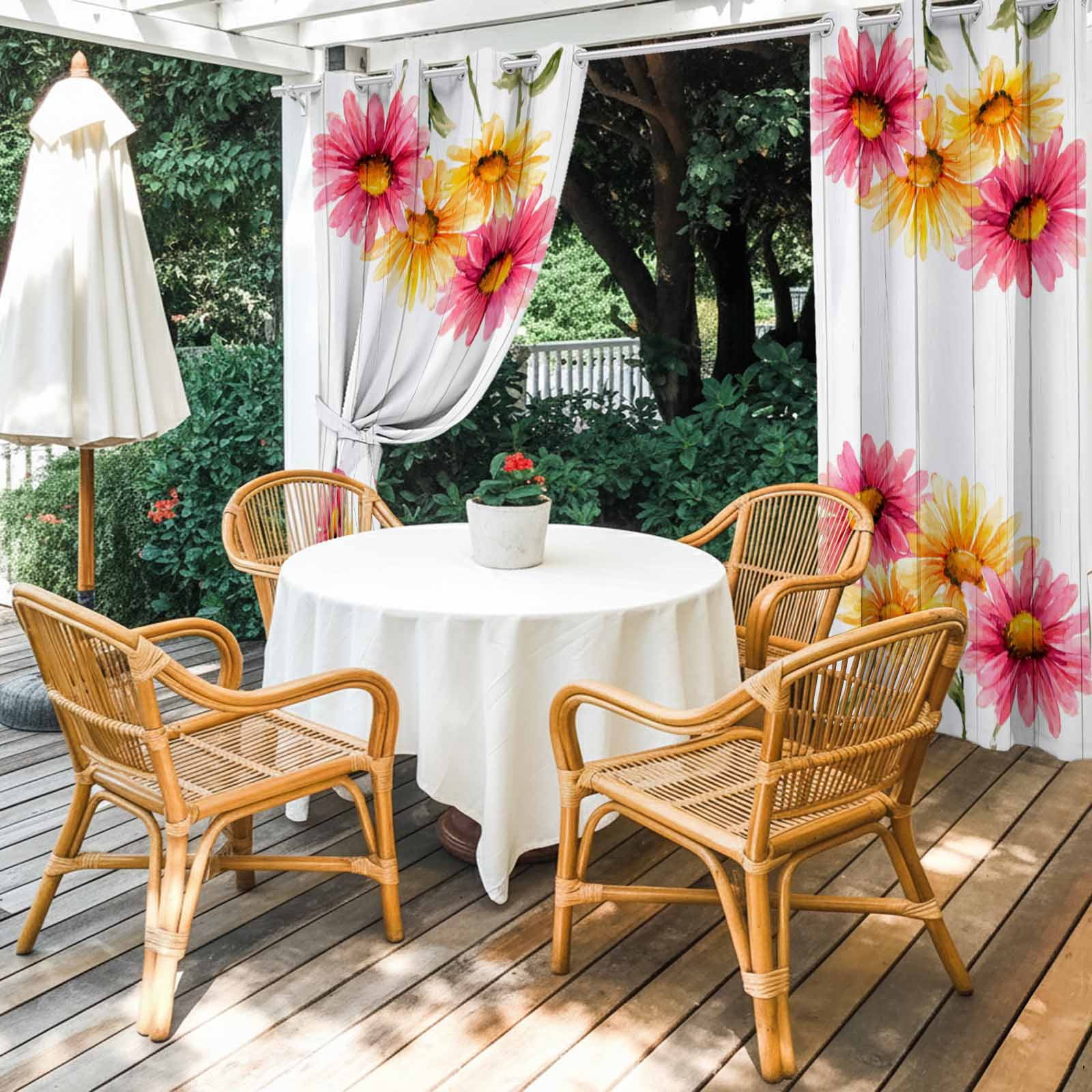 Yellow Pink Daisy Outdoor Curtains for Patio, Rustic Farmhouse Wooden Slats Sunshade Privacy Drapes Grommet Waterproof Outside Curtains for Porch/Cabana/Balcony 54"x 108", 1 Panel