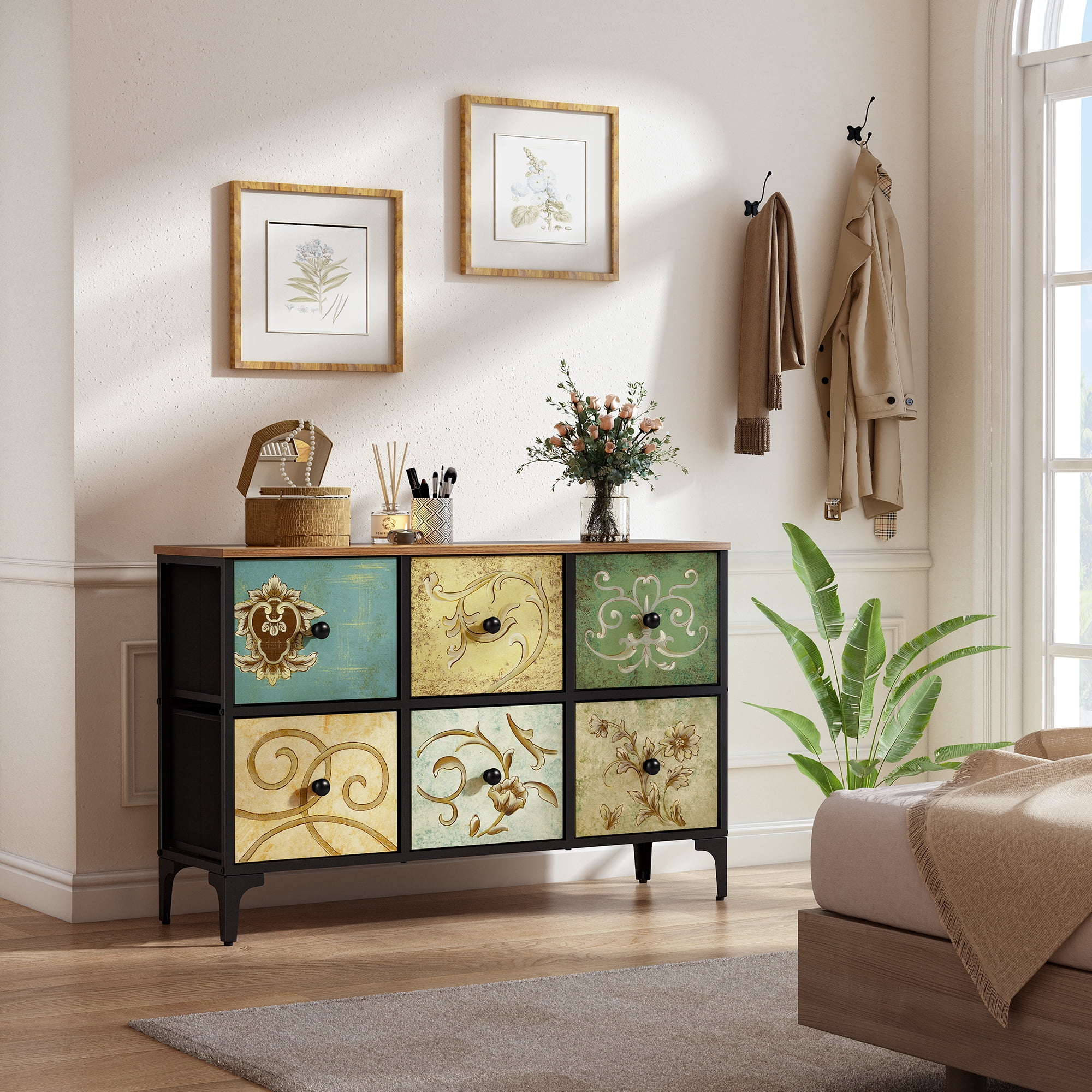 Dresser TV Stand for Bedroom, Wide Dresser with 6 Drawers, Console Table Chest of Drawers Fabric Dressers for Kids, Living Room, Closet, Entryway,Sturdy Steel Frame and Wooden Top