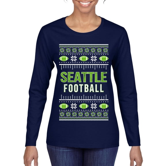Wild Bobby City of Seattle SEA American Football Fantasy Fan Sports Women Graphic Long Sleeve T-Shirt, Navy, Small