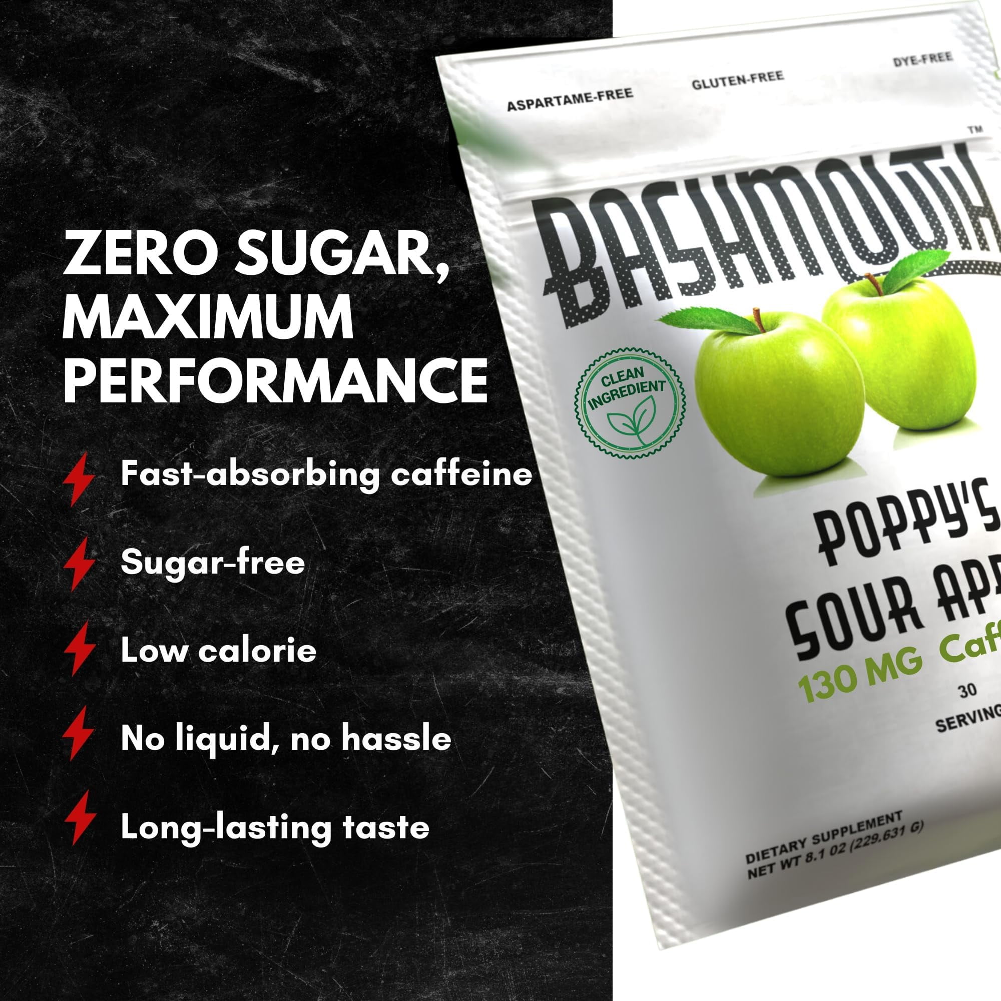 Bashmouth Energizing Gum, 130 MG Per Piece All-Natural Energy Boost, Fresh Breath, No Dyes, No Aspartame, 15 Packs 75 Servings (Sour Apple)