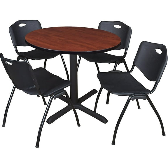 HomeStock Baroque Bonanza 42" Round Breakroom Table- Cherry & 4 'M' Stack Chairs- Black, Ideal for Cafeterias, Dining, and Office Spaces