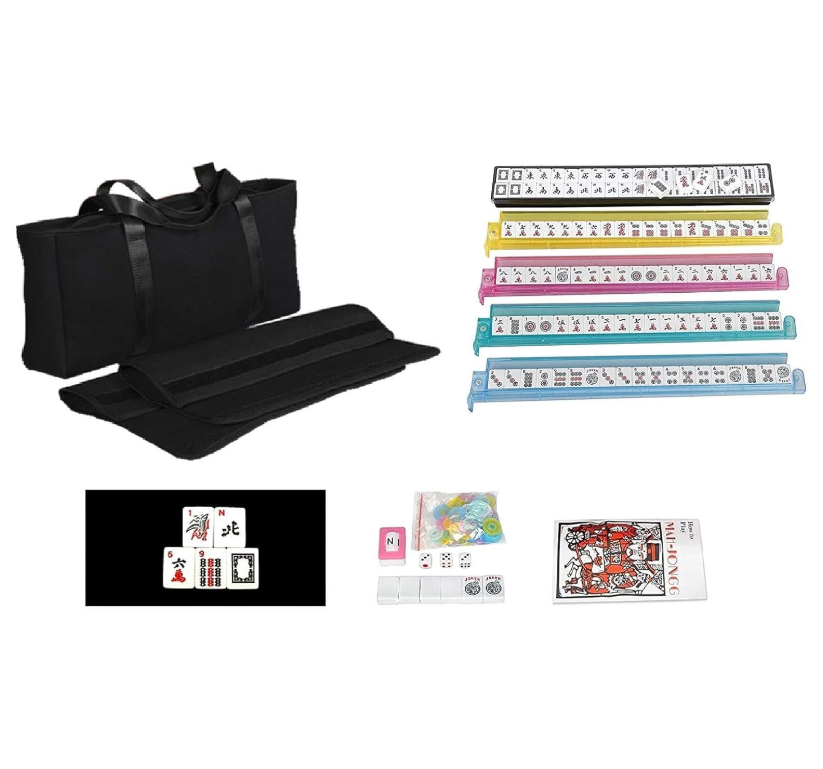 American Mahjong Game Set 166 White Engraved Tiles with Racks Pushers Black Soft Bag for Party Board Gaming