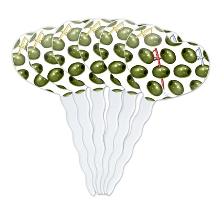Martini Green Olive Pattern Heart Love Cupcake Picks Toppers Decoration Set of 6