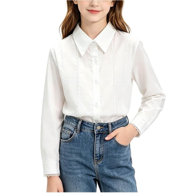 Odeerbi Camisa de Vestido de Algodón Para Niñas Peter Pan Collar Ruffle Camisas de Uniforme Escolar de Manga Larga