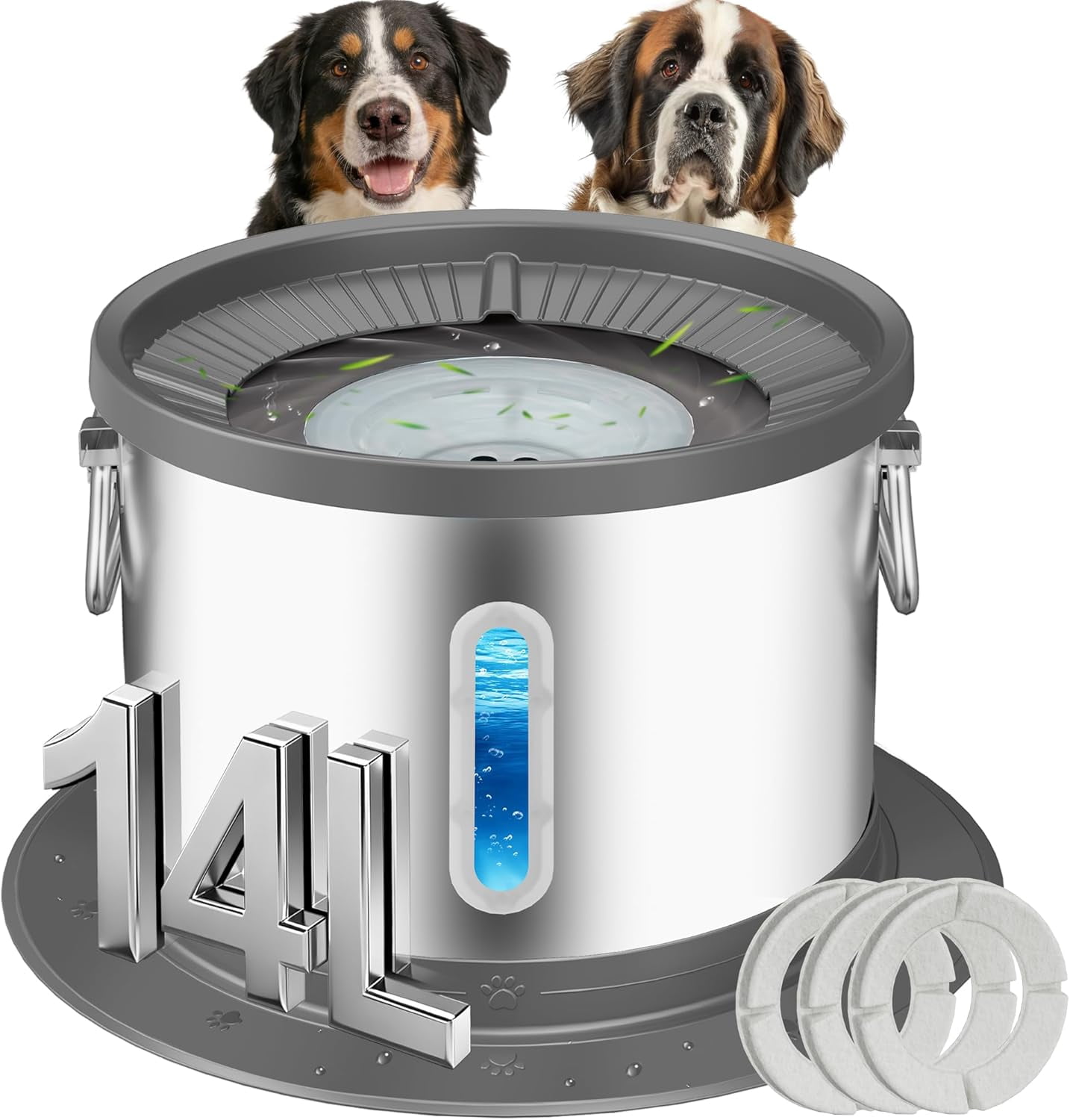 14L No Spill Dog Water Bowl, Stainless Steel Spill Proof Dog Bowl with Water Window, Dual-Suction Anti-Slip Large Capacity Slow Drinking Bowl with Floating Disk for Large Dogs & Messy Drinkers