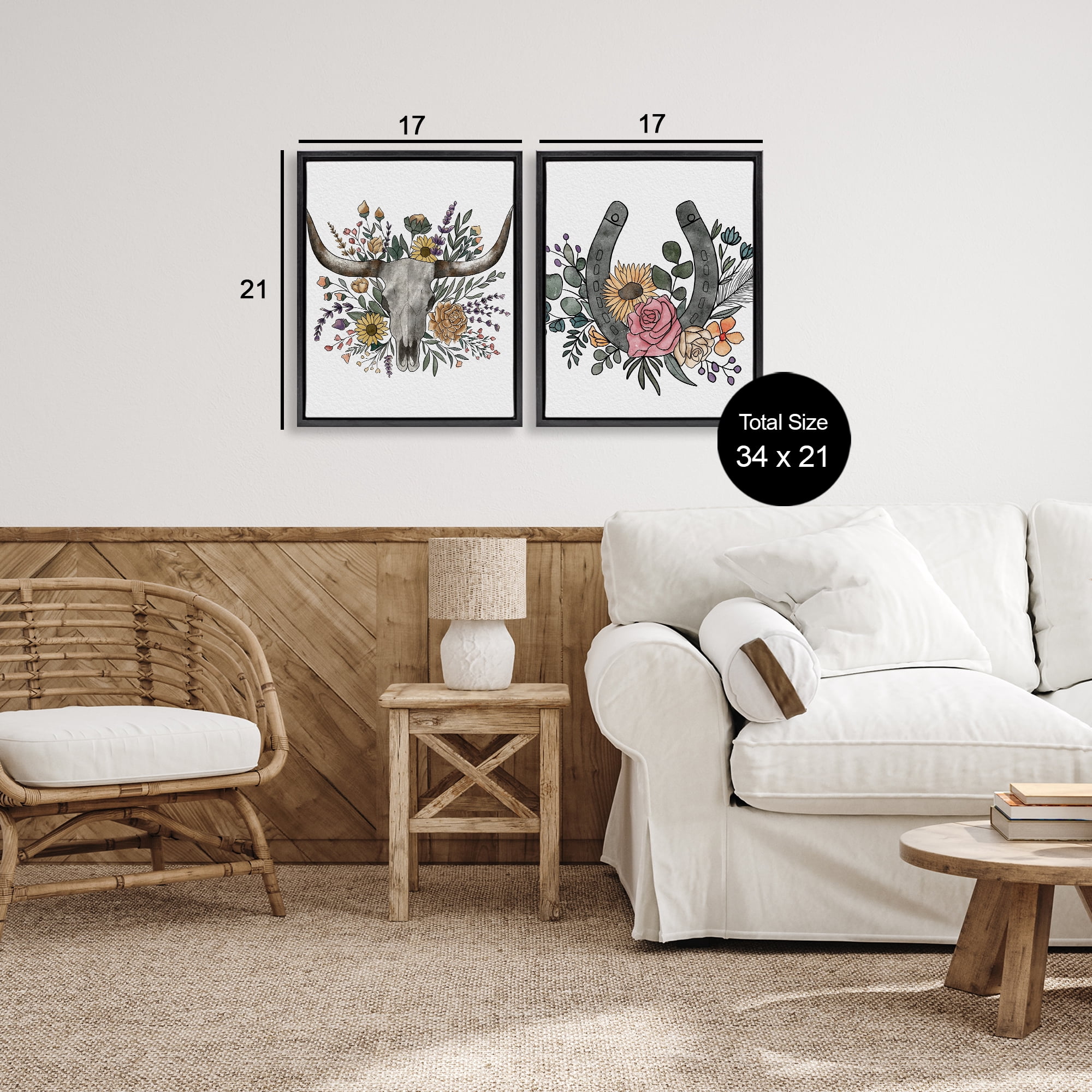 Stupell Industries Boho Longhorn & Horseshoe 2 Piece Black Framed Floater Canvas Set, design by Alisha Kiara Design