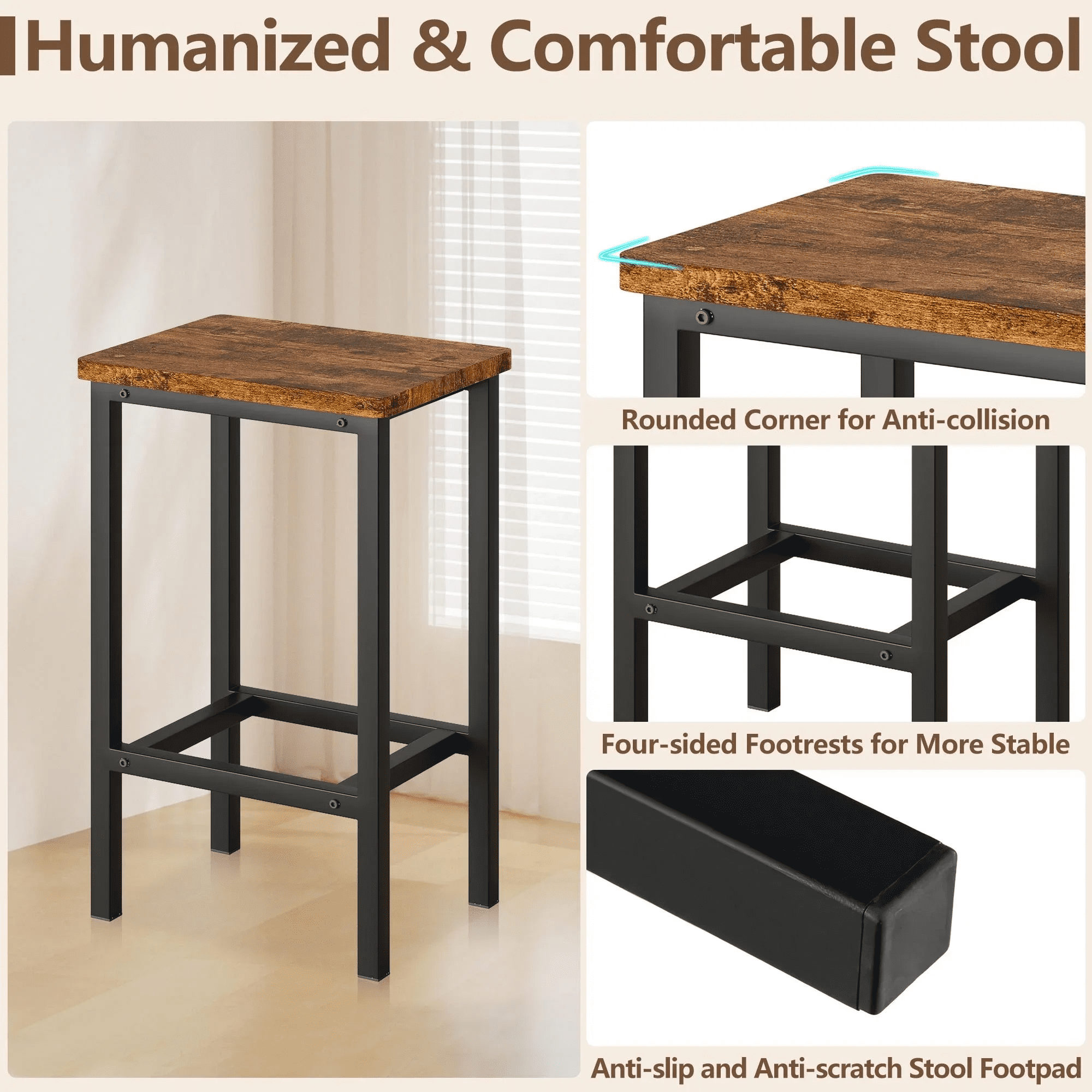 Small Kitchen Table Set for 3, Modern Dining Room Table Set with 3 Stools, Extra Long Bar Table Set, Wooden Pub Table, and Chairs Set, Saving Space Patio Restaurant Bistro Table Set, Brown