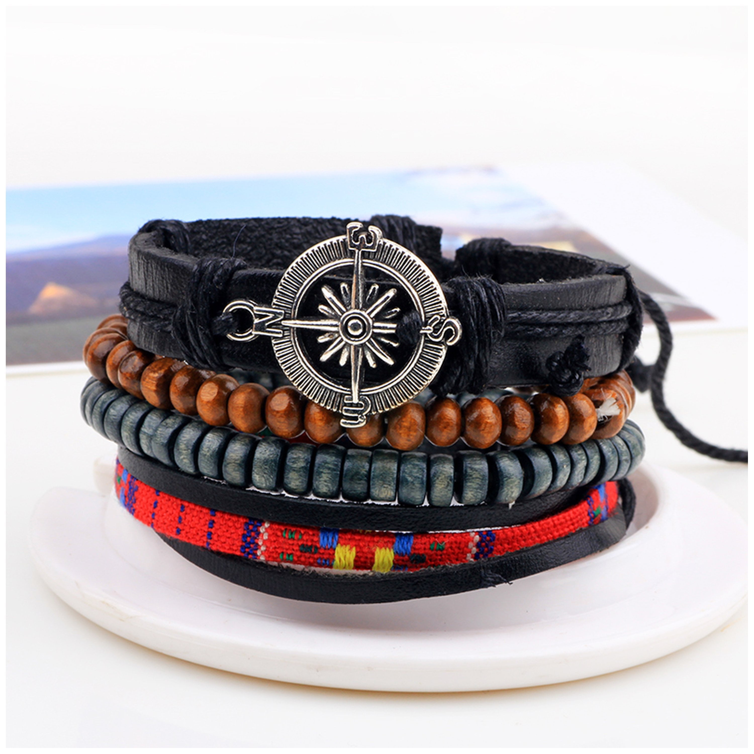 Wholesale Wooden beads suit bracelet diy wax thread woven bracelet men  leather jewelry - Nihaojewelry