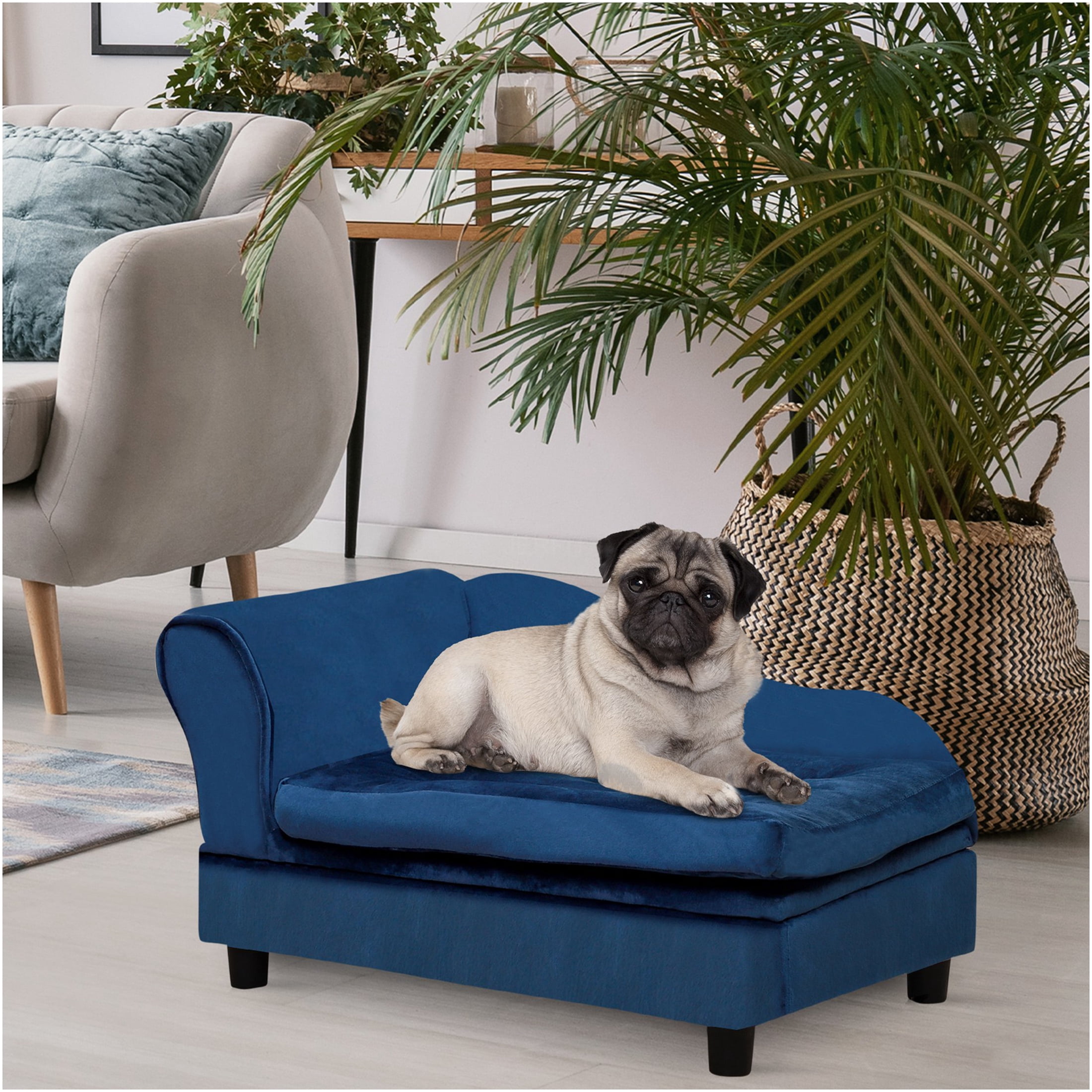 JERFIT Modern Dog Bed with Storage, Small Dog Couch Sofa with Plush 3" Foam Cushion, Cozy Pet Furniture for Puppies, Cats & Small Breeds, Blue Wooden Frame