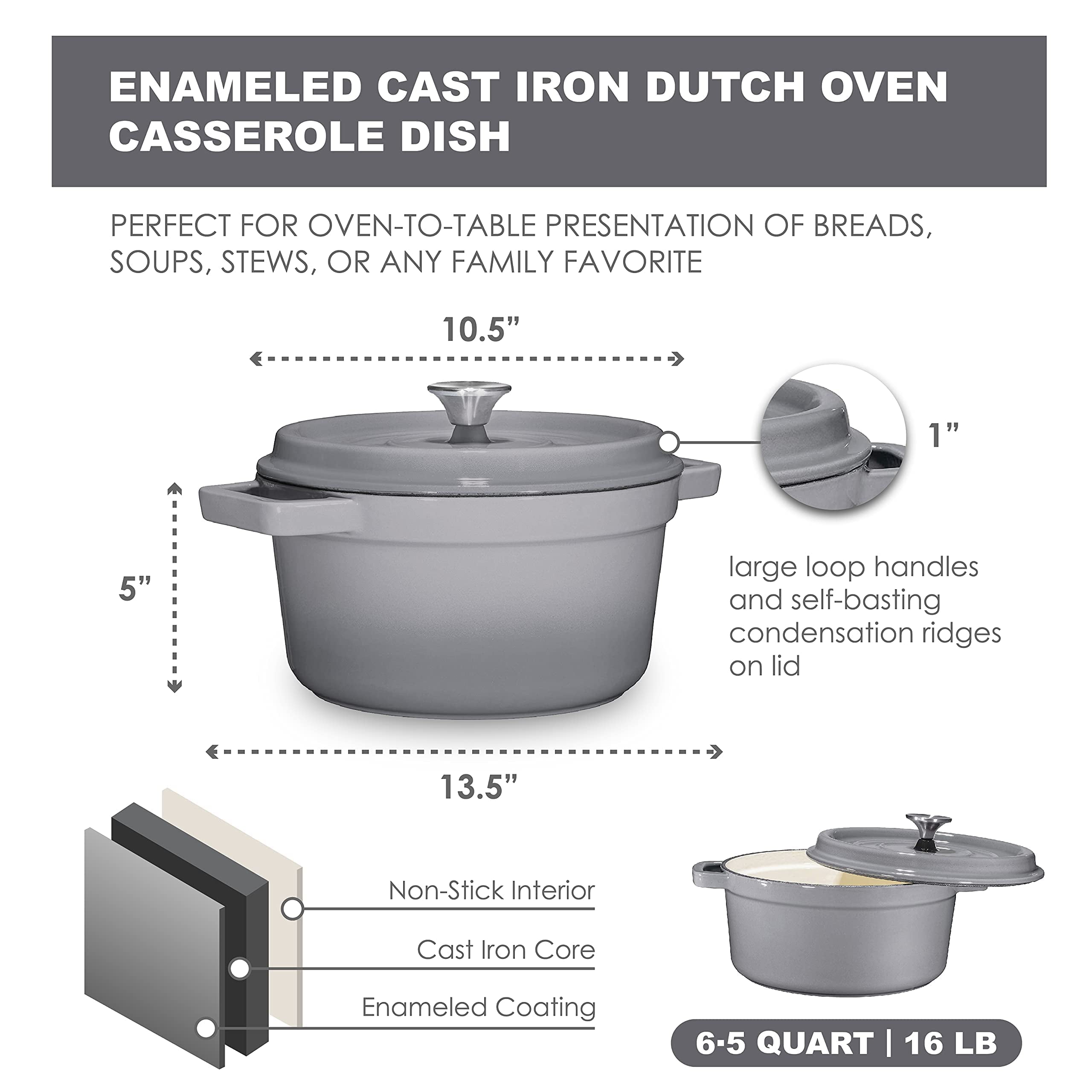 Bruntmor 5 Qt Grey Dutch Oven, Grey Lid, Nonstick Seasoned Pot, 5