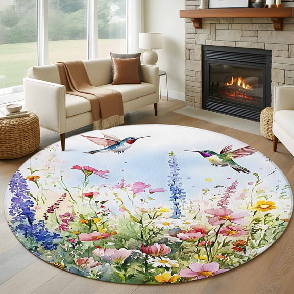 Round Rugs 8 Ft, Spring Floral Non Slip Area Rugs for Kitchen Bedroom Entryway, Summer Flowers Birds Watercolor Washable Carpet Runner Rug Floor Mats for Bedroom Home Decor