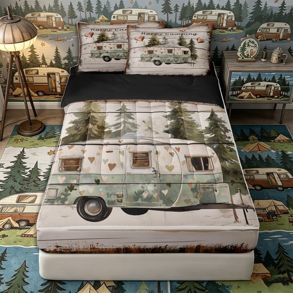 Castle Fairy Vintage Camper Zipper Twin Comforter Sets with Fitted Sheet and 2 Pillowcases,Happy Camping Zipper Bedding Set for Bedroom,Mint Brown,4-Piece,Black Reversible