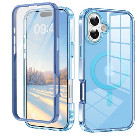 ELEHOLD Full Body Magnetic Case for iPhone 17,Built-in Front Screen Protector 360 Protection Compatible with Mag Safe Transparent Clear Shockproof Cover for iPhone 17,Blue