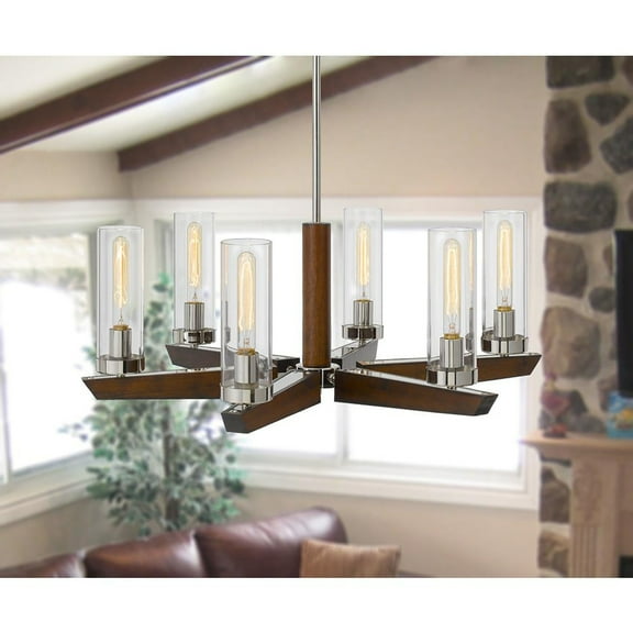 60W X 6 Ercolano Pine Wood, Metal Chandelier With Clear Glass Shade (Edison Bulbs Not Included), Wood, Brushed Steel