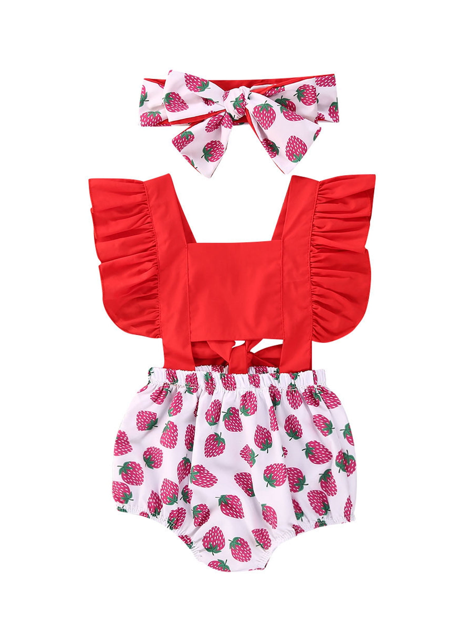 Newborn Infant Baby Girls Cherry Print Romper Bodysuit Hairband Clothes Outfits 