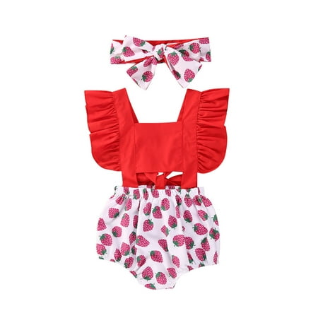 

wybzd Newborn Baby Girl Cherry Print Ruffle Suspender Romper Bodysuits Headband 2Pcs Summer Clothes Outfits Red 6-12 Months