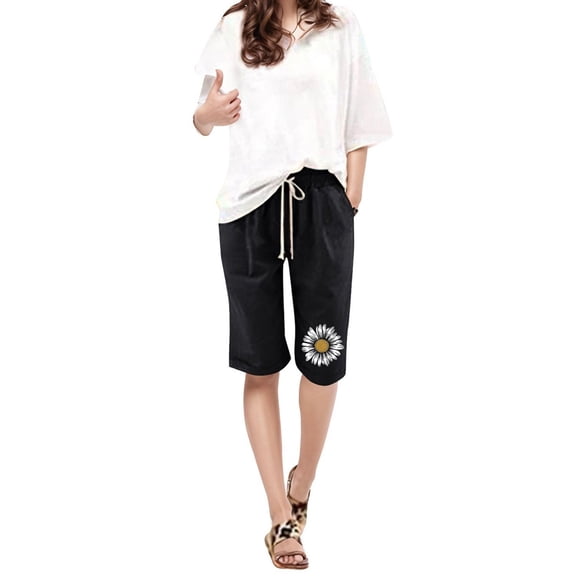 Shorts for Women Trendy Summer 2025 Bermuda Shorts for Women Floral Knee Length Elastic Waist Drawstring Loose Wide Leg Shorts Summer Casual Jean Shorts S-5XL