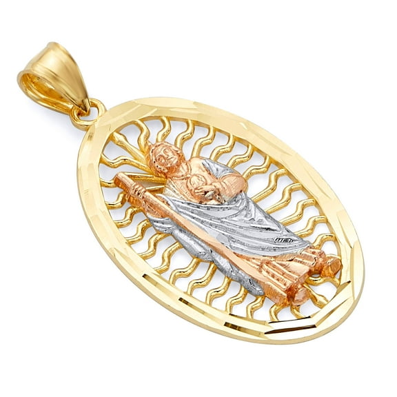 Wellingsale 14k 3 Tri Color White Yellow and Rose Gold San Judas Pendant (Size : 34 x 17 mm)