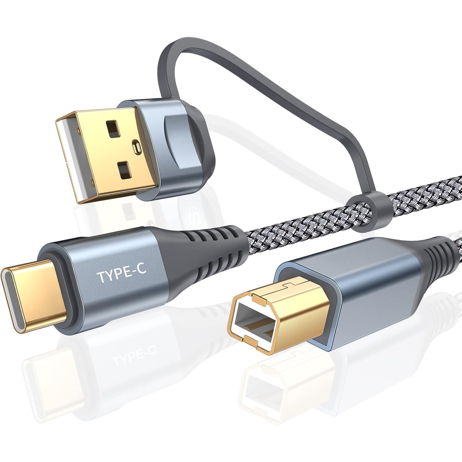 Printer Cable, 2-in-1 Printer USB B to USB C/A MIDI Cable High Speed Nylon Braided for MacBook Pro, HP Canon Brother Dell Epson Lexmark DAC,MIDI Keyboard, 6.6FT, Grey