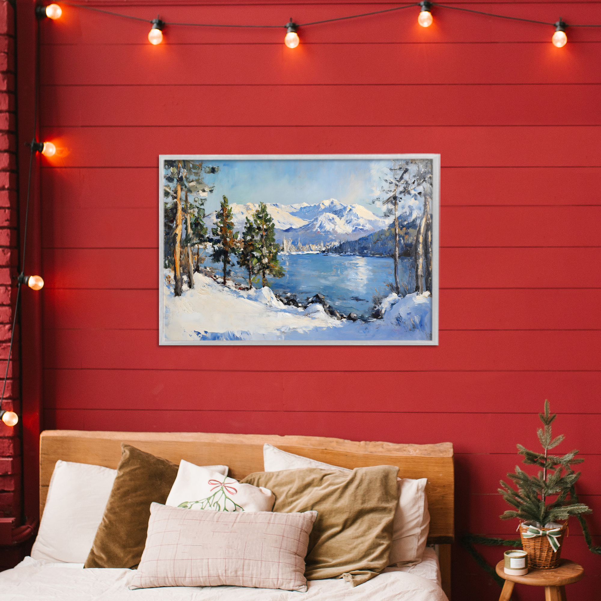 Winter Mountain Lake Gray Framed Giclee Art, design by Petal Prints Design