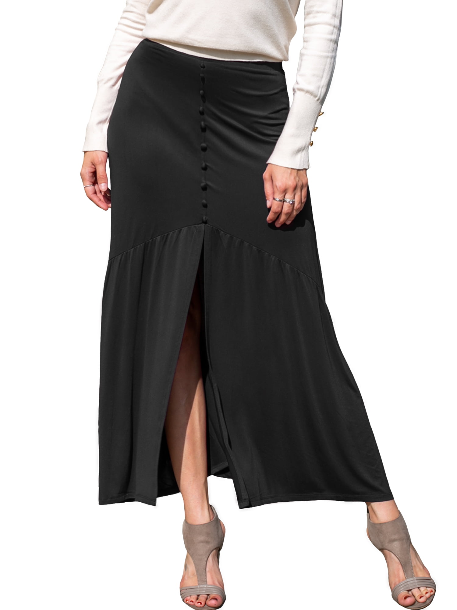 Doublju - Doublju Women's Maxi Skirt with Button Front Slit Detail ...