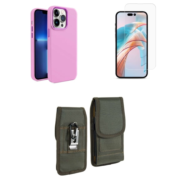 Bemz Phone Case for iPhone 15 Pro - Liquid TPU Silicone (Metal Buttons/Camera Edges) Protection Cover, Screen Protector, Vertical Rugged Nylon Belt Holster Pouch (Magenta Pink)