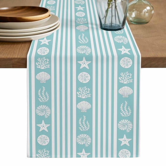 Teal Striped Coastal Table Runner, Nautical Beach Starfish Shell Washable Cotton Linen Table Runners 108 Inches Long, Dresser Scarf Runner for Dining/Living Room/Kitchen/Square Tables 13''x108''